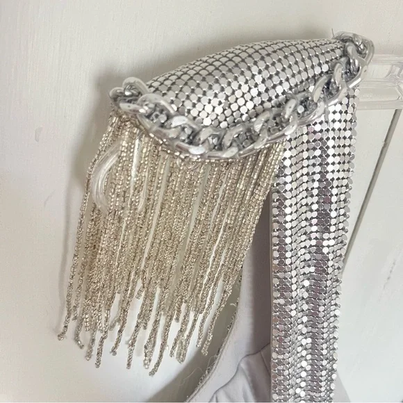 162. BASIX Black Label Silver Metallic Cochella Style Mini Dress •2 - Picture 7 of 16